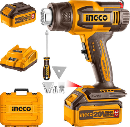 INGCO 20V Cordless Hot Air Gun Max 1022°F (550°C), 100/200 L/min, Adjustable Temperature with LCD Display, with 1Pcs 5.0Ah Battery and Charger HGLI20035