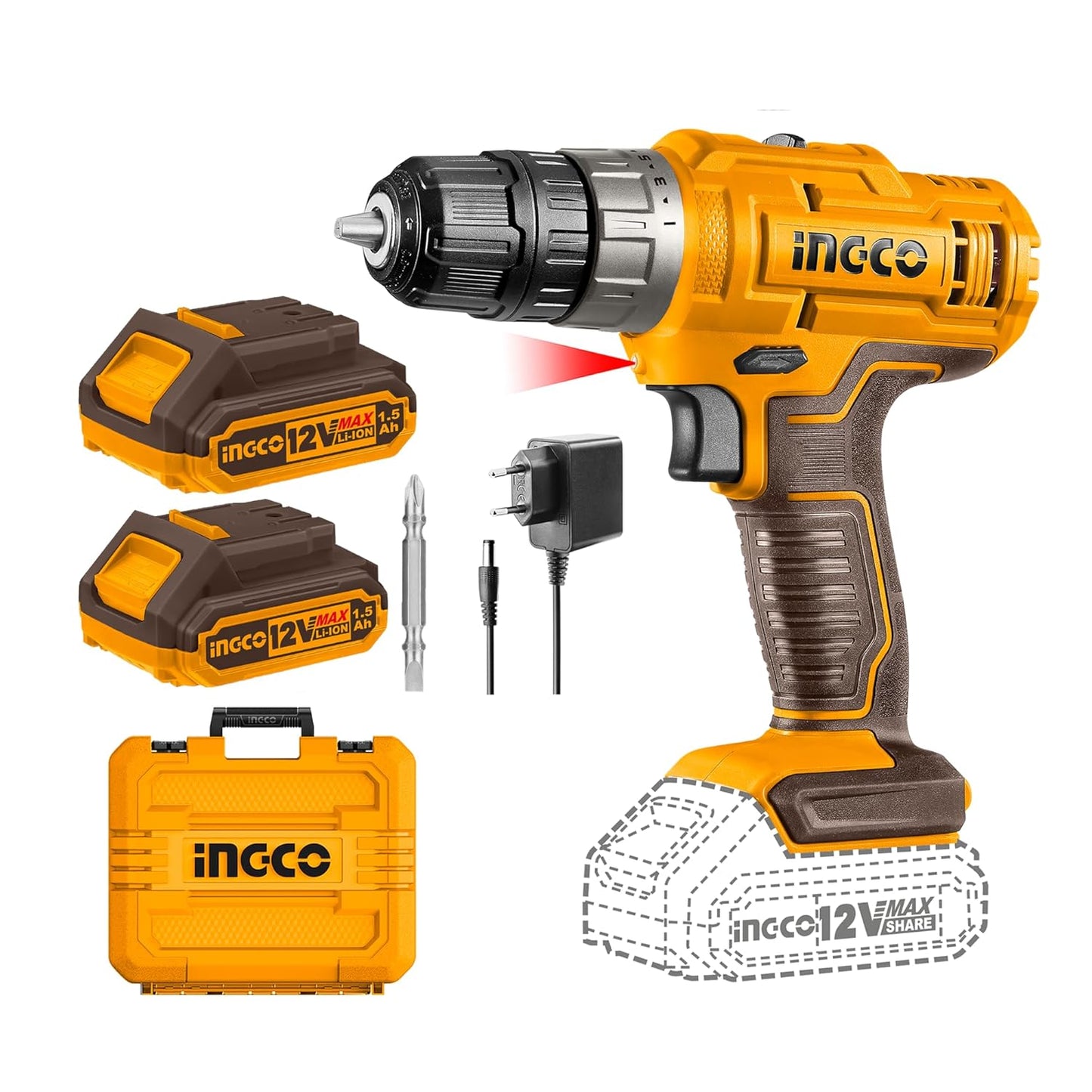 Ingco 12V Cordless Drill With 2 Pcs Batteryies, Charger, Plastic Chuck, 1 Pcs Drill Bit, 25Nm, 1500 Rpm, 0.8-10Mm, 5+1 Torque, Variable Speed, Led, Yellow,Brown