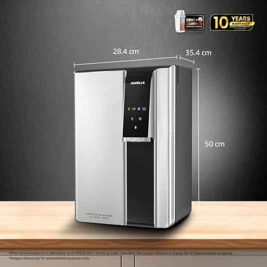 Havells Gracia Alkaline Water Purifier | RO+UV+Alkaline | Free Unlimited Service Visits for 1 Yr | Hot, Warm & Ambient Water | 10 Stage Purifier | 7.6 L SS Tank | For Borewell, Tanker, Municipal Water