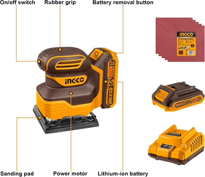 INGCO 20V Cordless 1/4 Sheet Sander 12000RPM Electic Orbital Sander with 1Pcs 2.0Ah Battery and 1Pcs Charger CSHSLI20141
