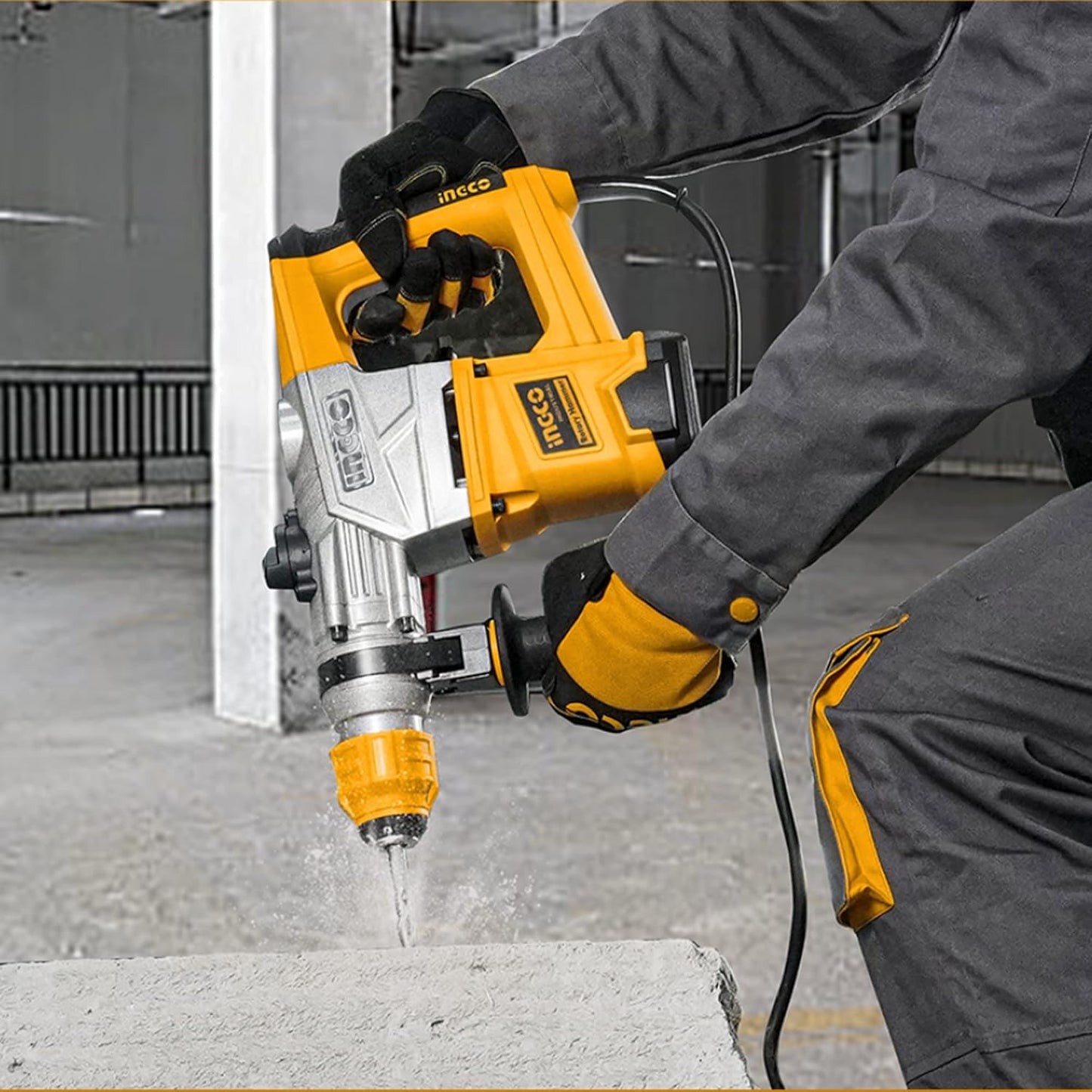 Ingco Rotary Hammer SDS-Plus Chuck Heavy Duty Rotary 5J with Vibration Control Hammer Drill, 1250W | 3800bpm, 3 drills and 2 chisels with Case, Yellow, Black