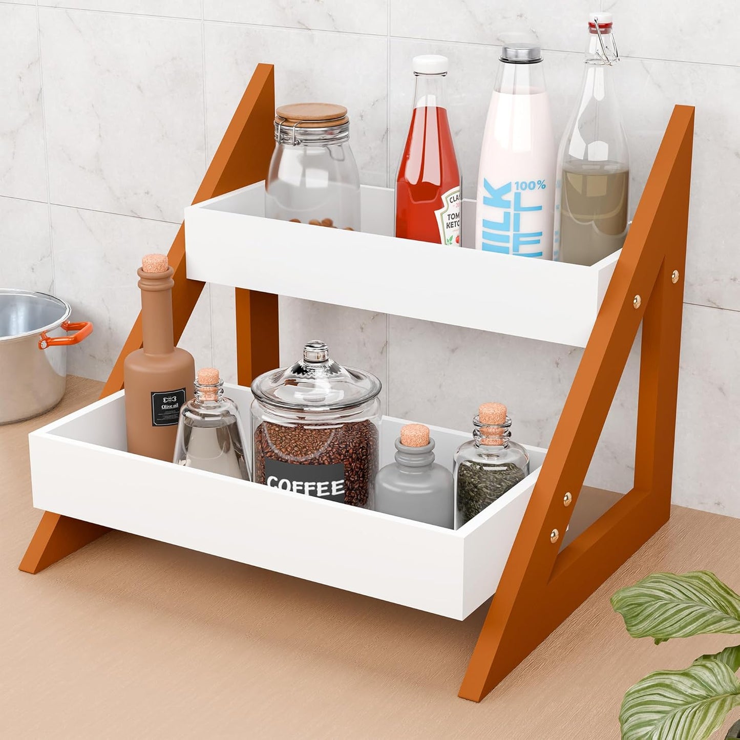 Udaipur Handicrafts Wooden Triangular Spice Rack for Kitchen Countertop Organizer | Multipurpose Jars, Bottle Holder & Home Decor Item | Standing Shelf Aesthetic Pot Stand | White