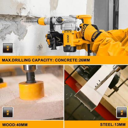 INGCO Rotary Hammer SDS-Plus Chuck Heavy Duty Rotary 5J with Vibration Control Hammer Drill, 1050W | 3800bpm, 3 drills and 2 chisels with Case, Yellow, Black