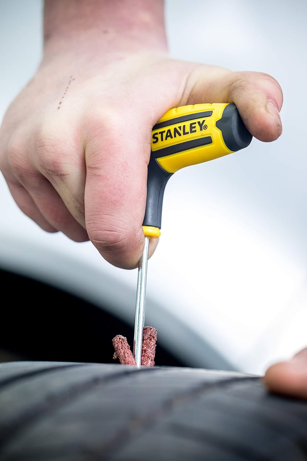 STANLEY STHT80891-0 Flat Tubeless Tyre Repair Kit for Cars and Bikes, Easily Fix Punctures WITHOUT Removing Tire from Rim, Comes with Reamer & Plugger Tool and 5 Plugs, Yellow and Black