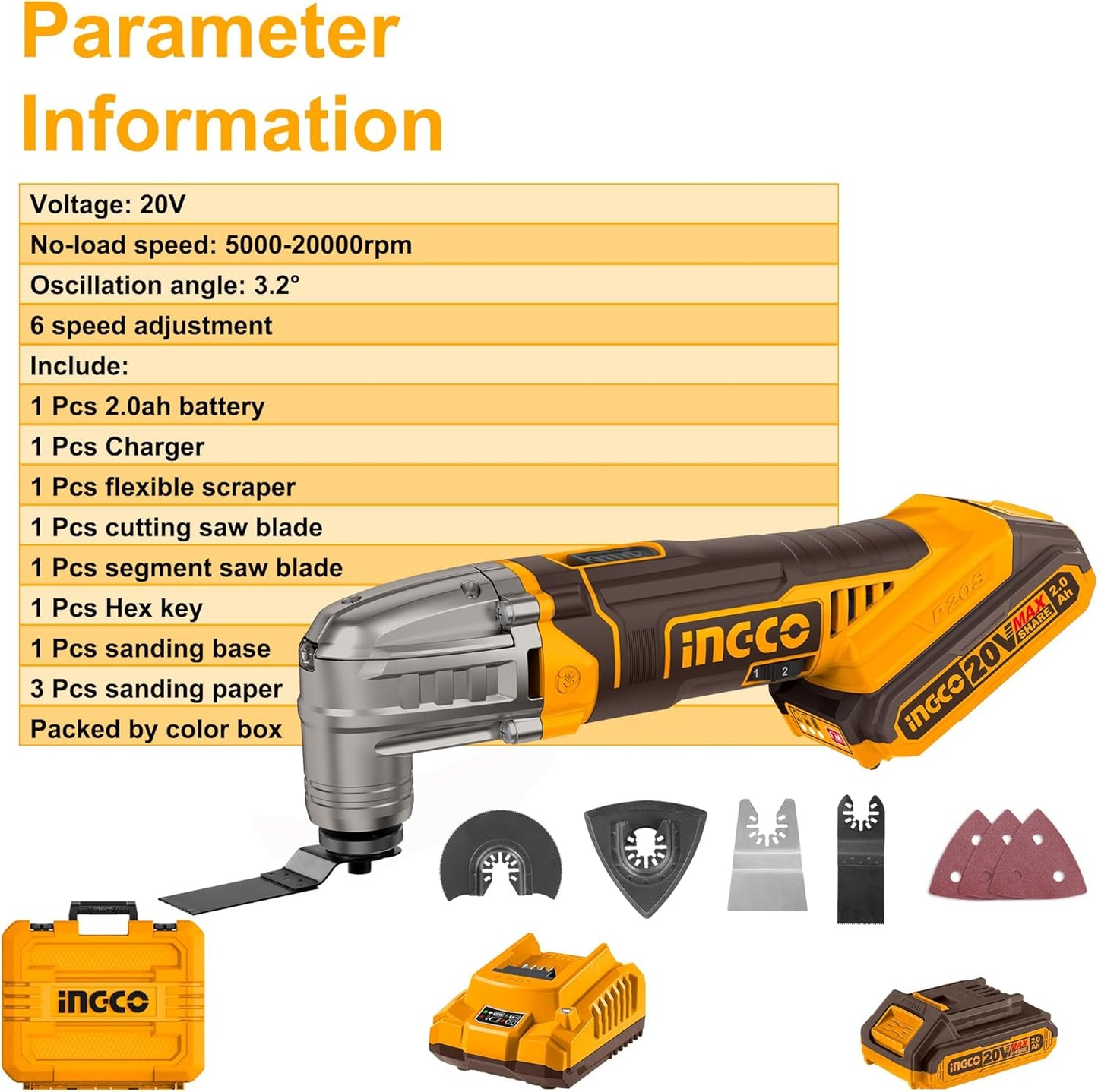 INGCO Cordless Multi Tool with 1pcs 2.0Ah Battery and Charger, 5000-20000 RPM, 6 Variable Speed,3.2° Oscillation Angle, 20V Oscillating Multi-Tool for Sawing, Cutting, Sanding CMLI20228