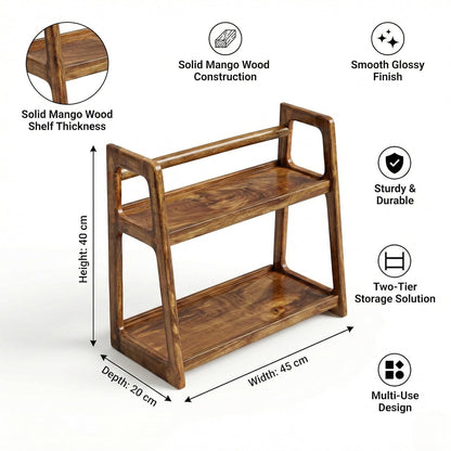Udaipur Handicrafts Wood 2-Tier Kitchen Rack Organizer Shelf | Handcrafted Wooden Spice Rack Countertop Pantry Shelf Stand | Multipurpose Kitchen Counter Organizer (45x20x40 cm)