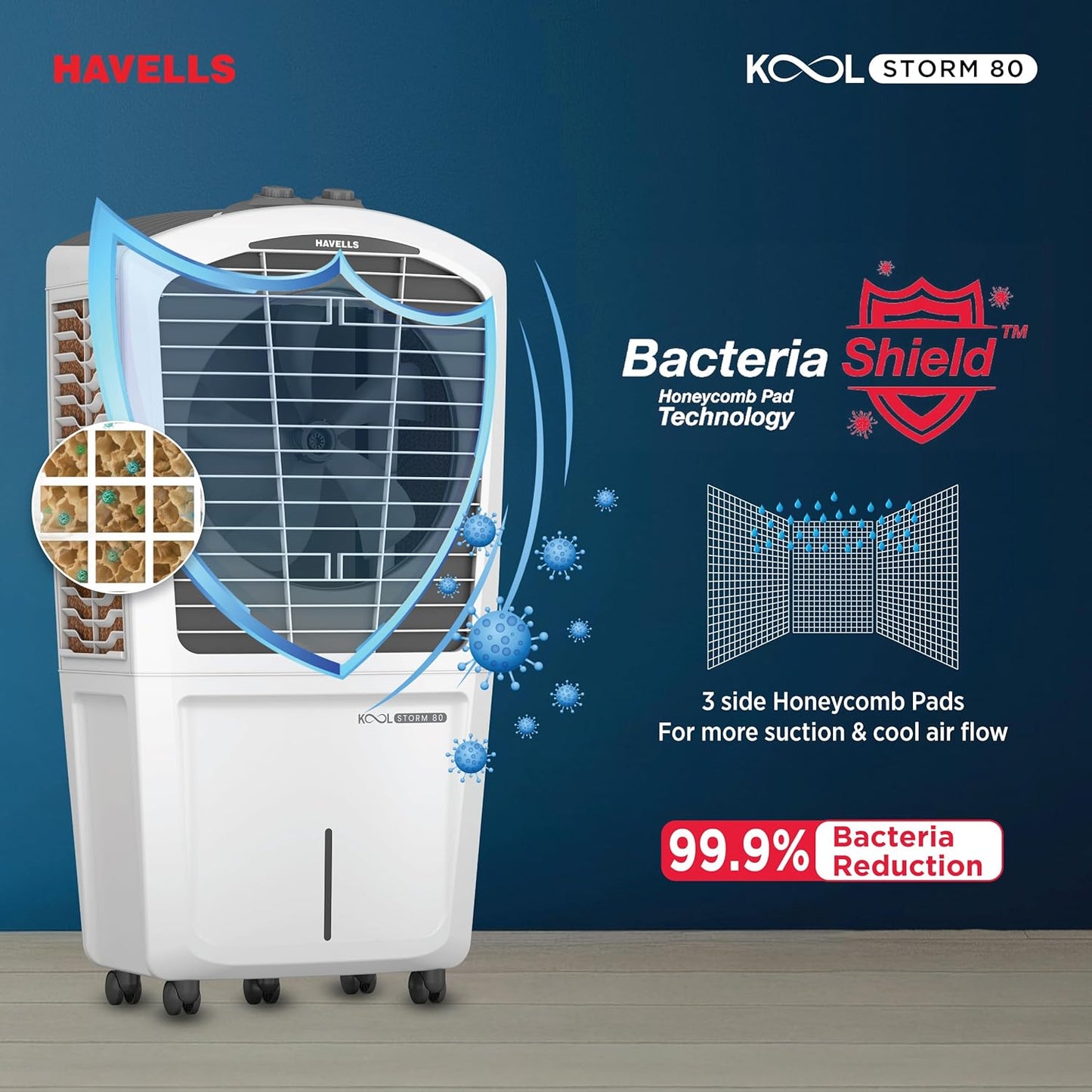 Havells KoolStorm 80 L Desert Air Cooler for Home/Office|Powerful Air-Delivery|Dual Flow Technology| Bacteria Shield Honeycomb Pads|XXL Ice Chamber| Ice Chill Drip Technology|Front Wheels with brakes