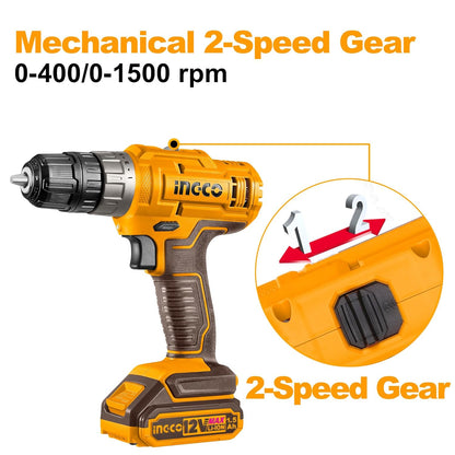 Ingco 12V Cordless Drill With 2 Pcs Batteryies, Charger, Plastic Chuck, 1 Pcs Drill Bit, 25Nm, 1500 Rpm, 0.8-10Mm, 5+1 Torque, Variable Speed, Led, Yellow,Brown