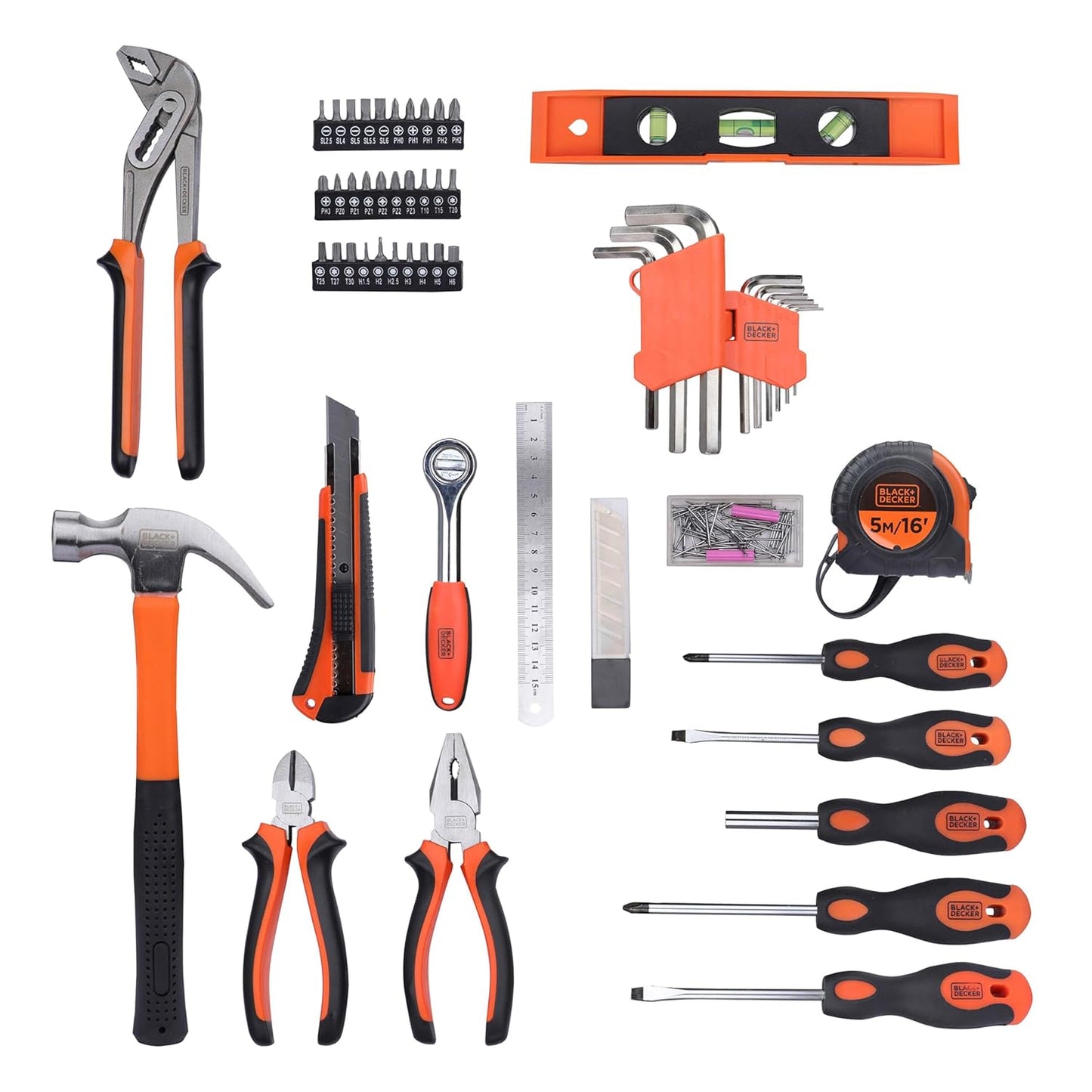BLACK+DECKER BMT154C Hand Tool Kit for Home & DIY Use (154-Piece) - Includes Screwdriver, Wrench, Ratchet, Utility Knife, Saw, Claw Hammer, Measuring Tape and Plier, 6 Month Warranty, ORANGE & BLACK
