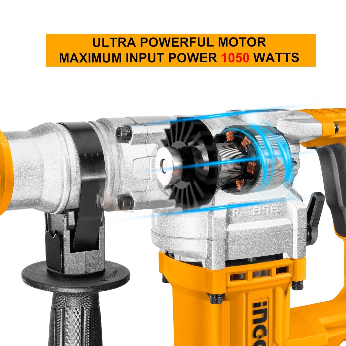 INGCO Rotary Hammer SDS-Plus Chuck Heavy Duty Rotary 5J with Vibration Control Hammer Drill, 1050W | 3800bpm, 3 drills and 2 chisels with Case, Yellow, Black