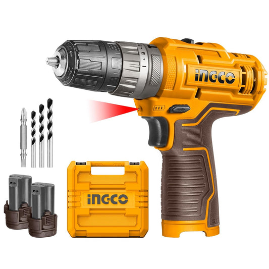 Ingco Cordless Imopact Drill Machine, Battery Drill Machine With 2 Pcs Batteries & Drill Bits, Type C Charging For Home Use, Yellow