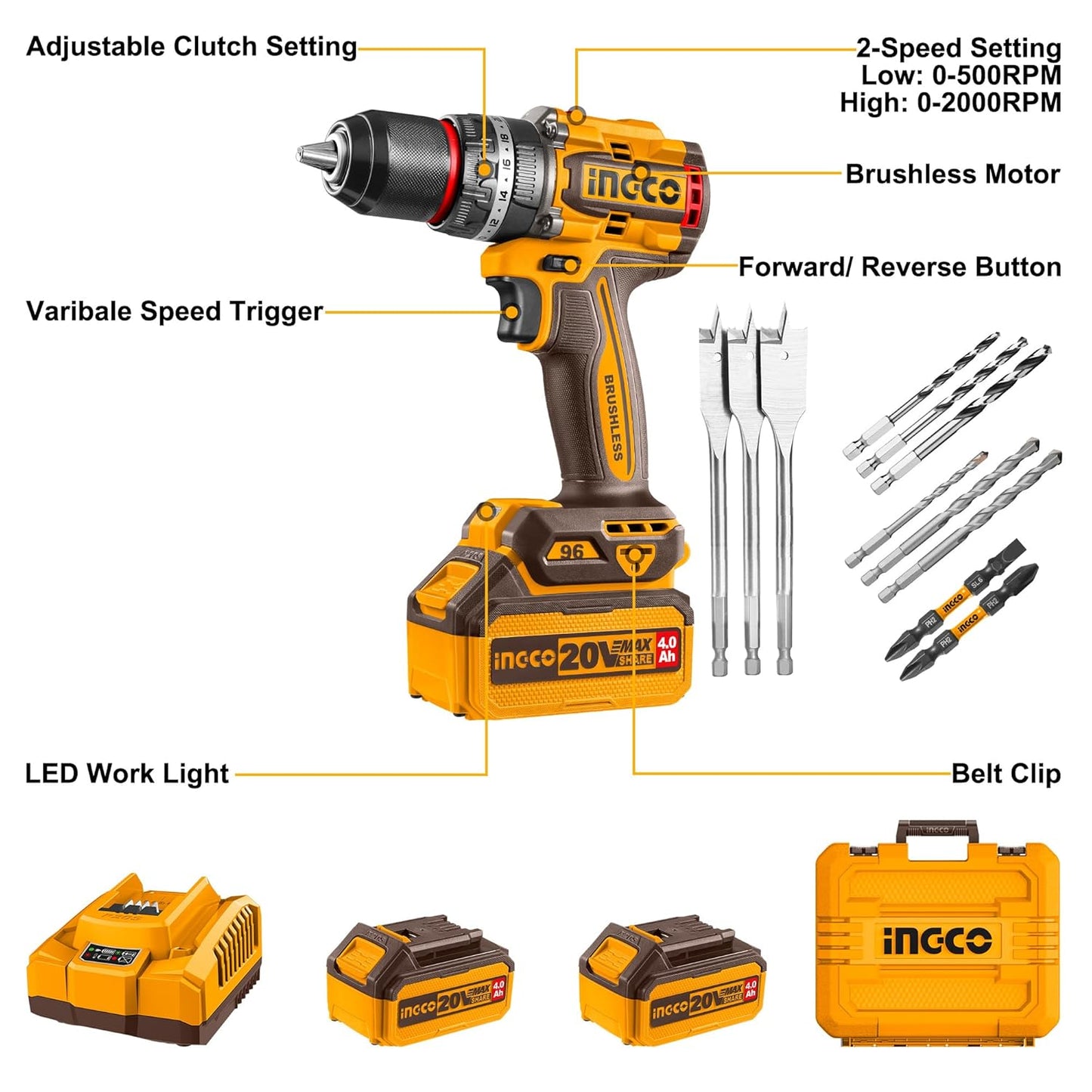 INGCO Cordless Impact Drill 96NM, 20V Brushless Combi Drill, 13mm Chuck, 22+1+1 Torque, 2 Speed, LED Work Light with 2Pcs 4.0Ah Battery And 1Pcs Charger Perfect for Home, Garden DIY Project