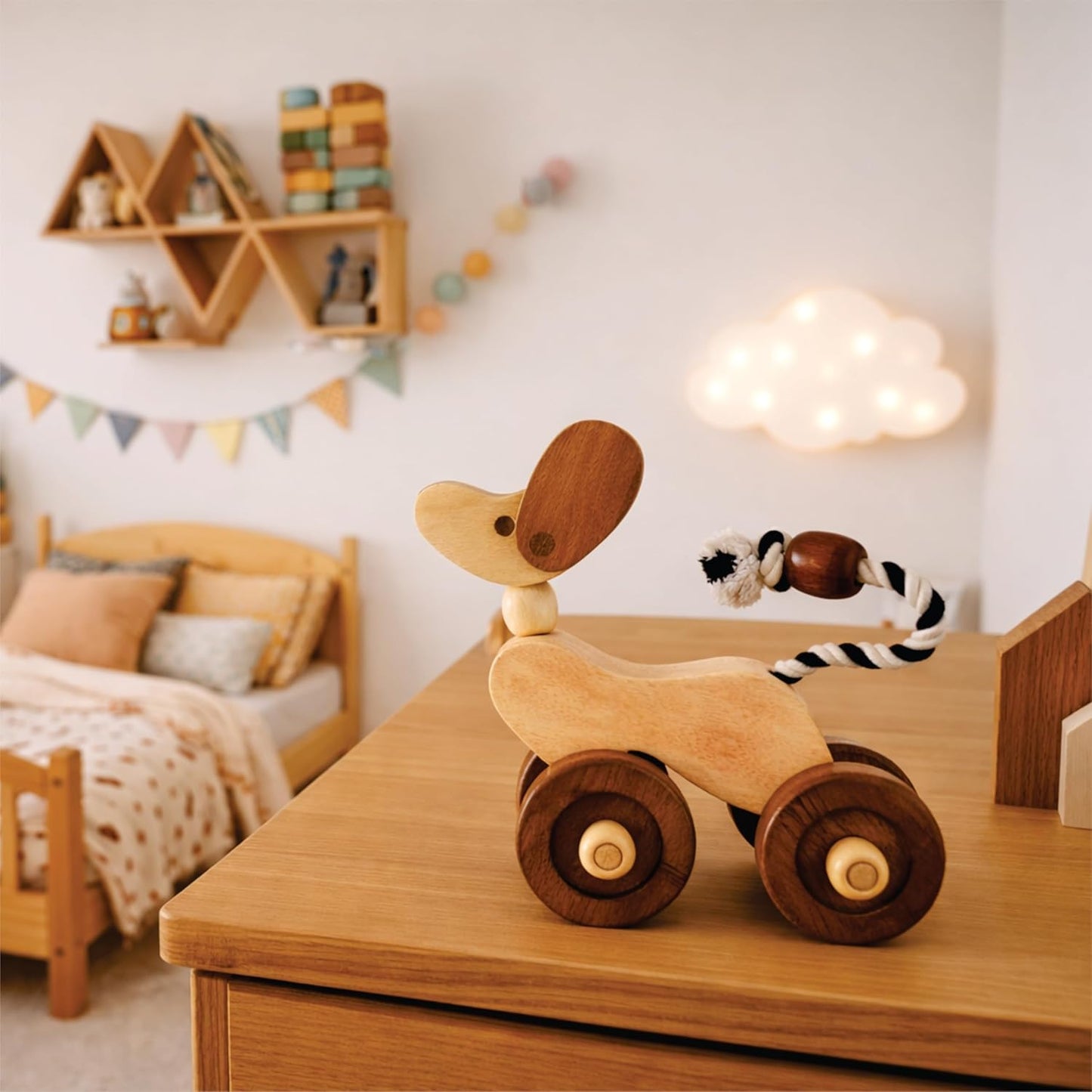 UdrCrafts® Wooden Dog Pull-Along Toy for Toddlers | Natural Solid Wood | Cotton Pull String | No Metal | Eco-Friendly & Plastic-Free | Smooth Rolling Wheels | Nursery Decor Toy (1.5–4 Years)