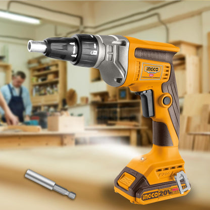 INGCO 20V Cordless Drywall Screwdriver 30Nm, Adjustable Depth, 4200RPM with 1Pcs 2.0Ah Battery and 1Pcs Charger, Packed by Carrying Case