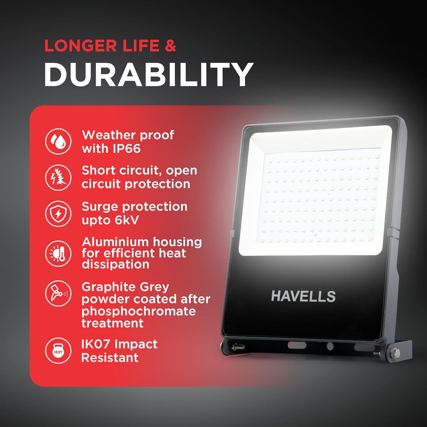 Havells 100W LED Flood Light, Centura Neo 6K IP66 Waterproof Led Lights with 120° Wide Beam-LED Lamp Lights for Yard, Factory,Garden, Playground & Home, Polycarbonate