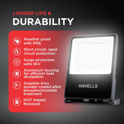 Havells 100W LED Flood Light, Centura Neo 6K IP66 Waterproof Led Lights with 120° Wide Beam-LED Lamp Lights for Yard, Factory,Garden, Playground & Home, Polycarbonate