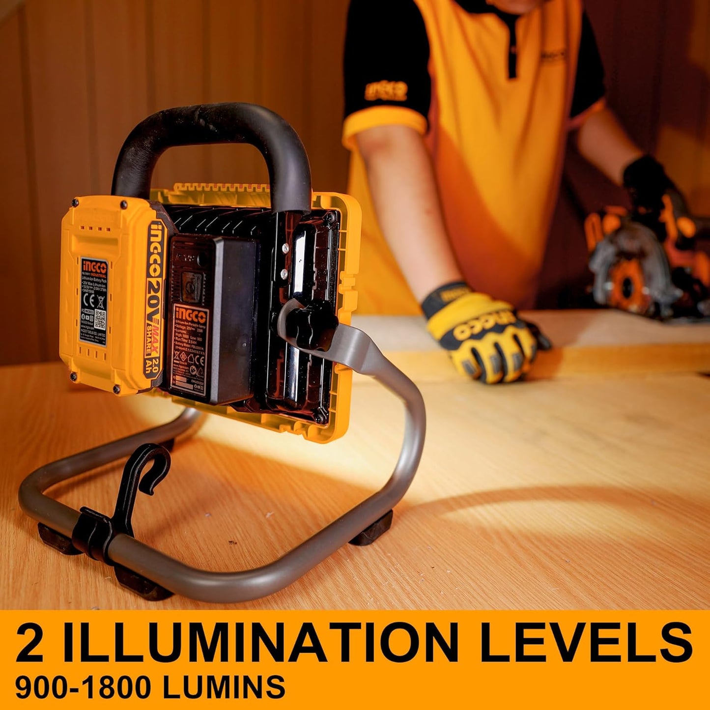 INGCO 20V Lithium-ion LED Work Light 20W Portable Jobsite Light 1800Lm Max, Construction site Floodlight 2 Settings 360° Adjustable with Battery and Charger for Auto-Repair, Camping CWLI20258