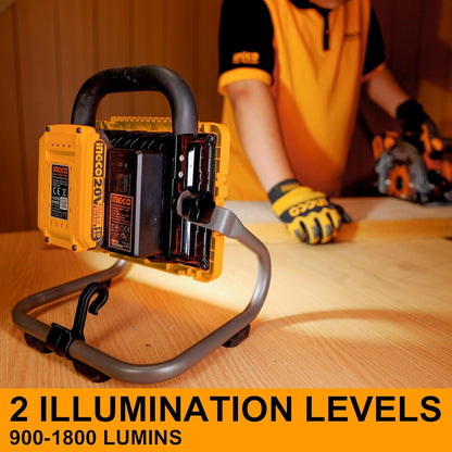 INGCO 20V Lithium-ion LED Work Light 20W Portable Jobsite Light 1800Lm Max, Construction site Floodlight 2 Settings 360° Adjustable with Battery and Charger for Auto-Repair, Camping CWLI20258