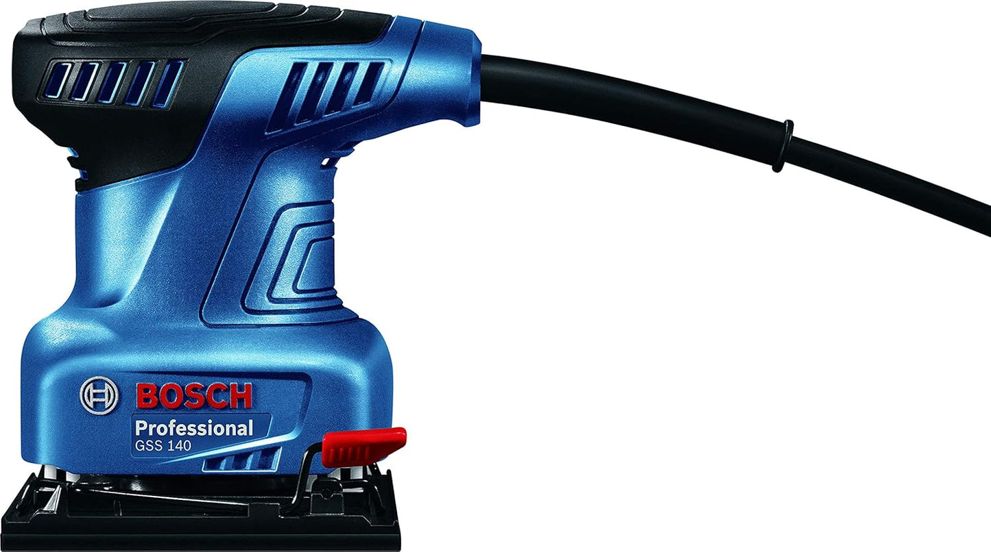 Bosch GSS 140 Electric Orbital Sander, 220W, 14,000 rpm, 28,000 opm, Oscillating Dia. 1.5 mm, 101 x 112 mm Sanding Plate, Multi Grip, Low Vibration, 1.2 Kg + 3 Bosch sanding sheets, 1 Year Warranty