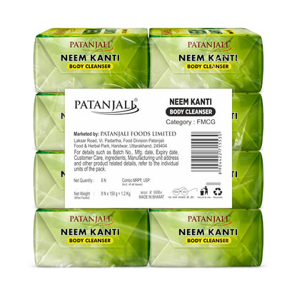 Patanjali Neem Kanti Herbal Body Cleanser Soap for Men and Women (150g, Pack of 8), Moisturizing & Deep Cleansing, Natural Neem Soap for Dry Skin
