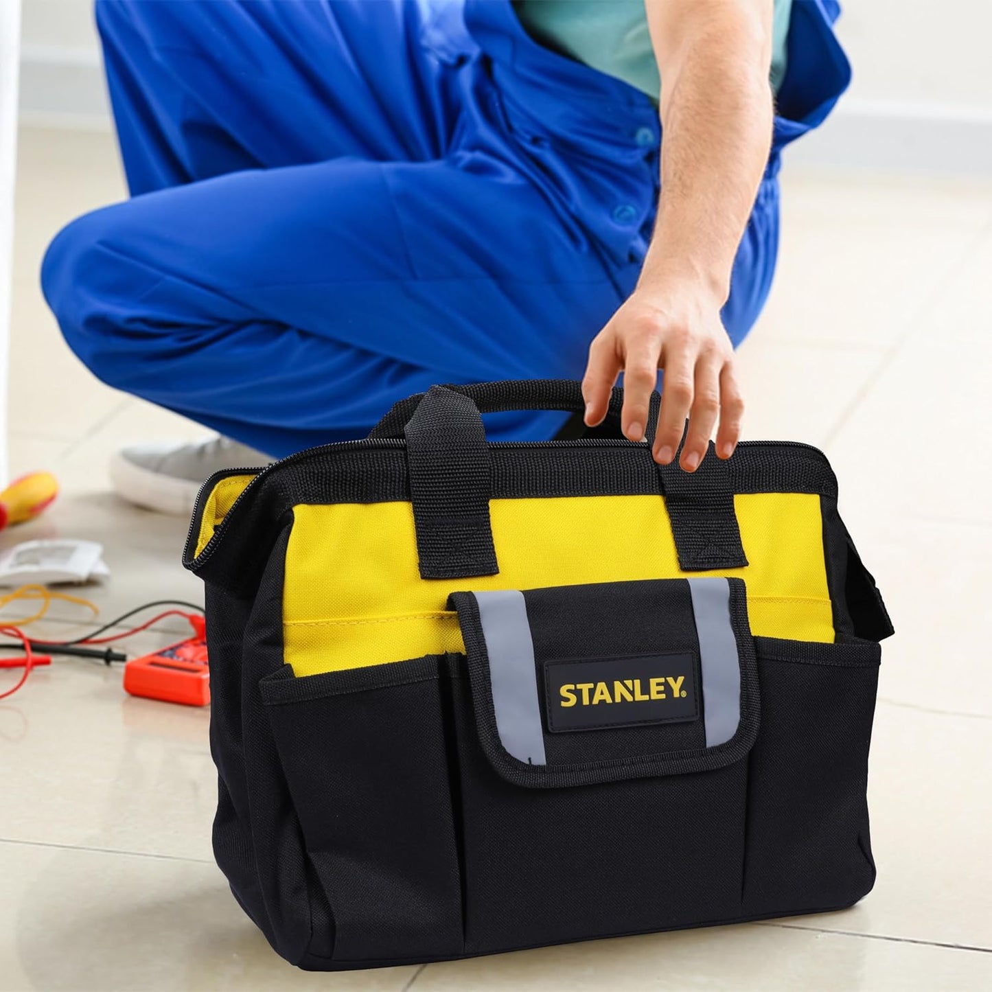 STANLEY STST512114 12'' Multipurpose Tools Storage Nylon Water Proof Open Mouth Bag, 1 Year Warranty, YELLOW & BLACK