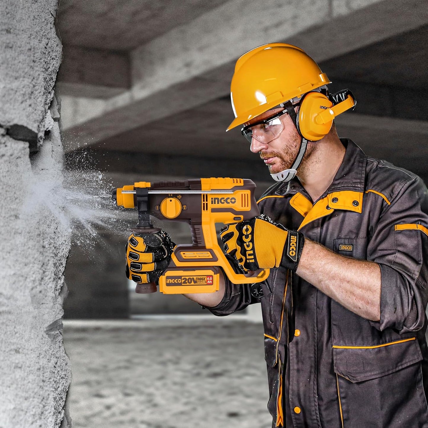 INGCO 20V Lithium-Ion SDS-Plus Rotary Hammer Drill (Body Only) with Brushless Motor, 4IN1 Function Adjust Knob, 2.0J, 5400BPM, 1100RPM, 3Pcs Drill Bits and 1Pcs Chisel CRHLI20208