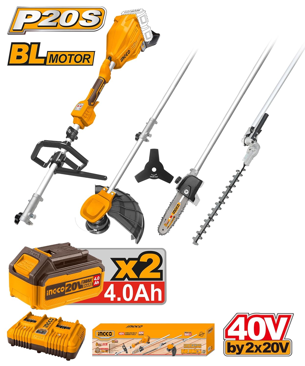INGCO 40V Cordless Brushless 4IN1 Pole Hedge Trimmer, Pole Saw, Grass Trimmer & Brush Cutter, with 2Pcs 4.0Ah Battery and 1Pcs Dual-Port Charger CSTLI2040386