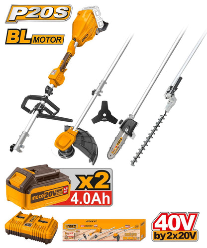 INGCO 40V Cordless Brushless 4IN1 Pole Hedge Trimmer, Pole Saw, Grass Trimmer & Brush Cutter, with 2Pcs 4.0Ah Battery and 1Pcs Dual-Port Charger CSTLI2040386