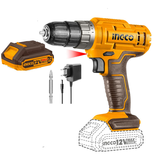 INGCO 12V Lithium-Ion Cordless Drill, CDLI1218, Yellow