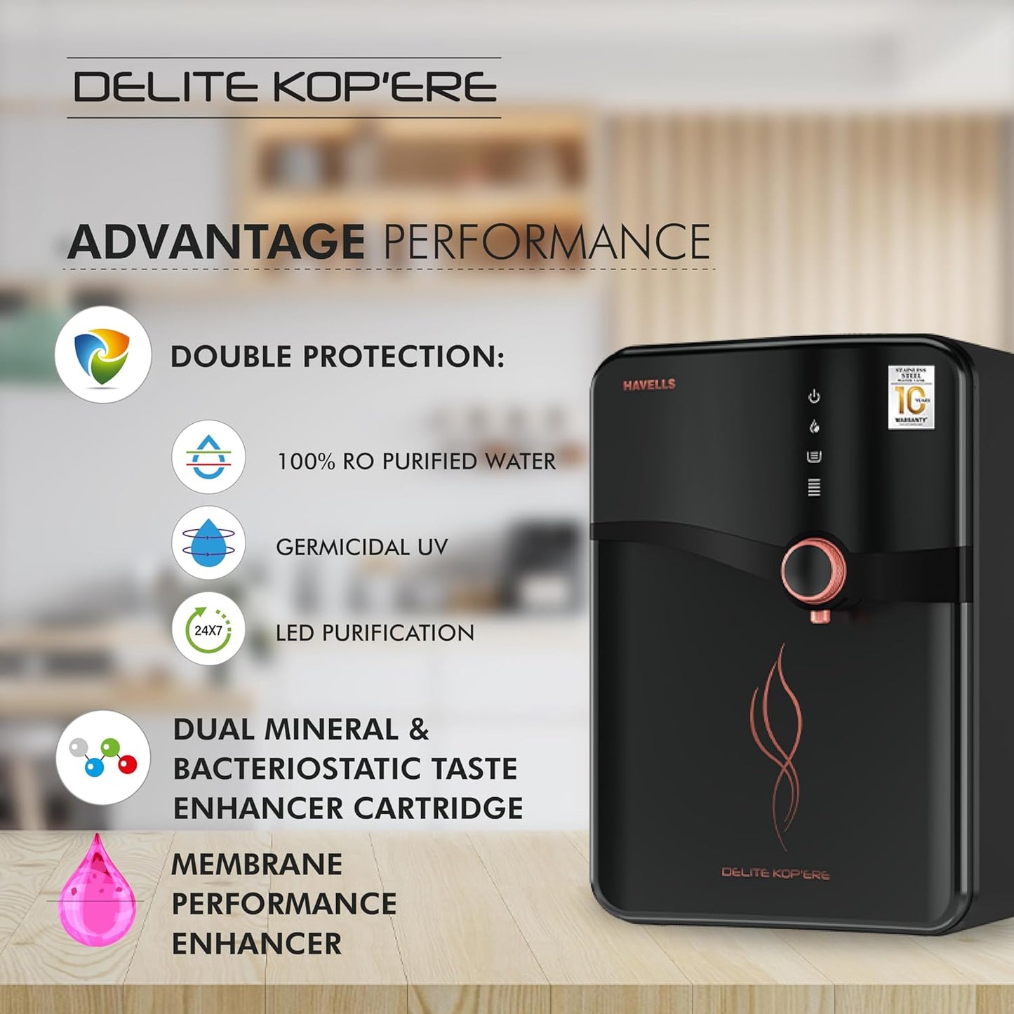 Havells Delite Kop'ere Water Purifier (Black), RO+UV+pH Balance, 7 Stages, 6.5L Stainless Steel Tank,Copper+Zinc+Minerals, Suitable for Borewell, Tanker & Municipal Water