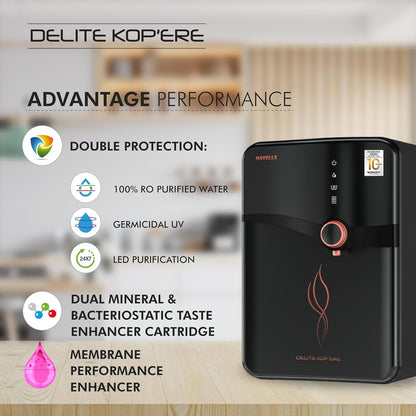 Havells Delite Kop'ere Water Purifier (Black), RO+UV+pH Balance, 7 Stages, 6.5L Stainless Steel Tank,Copper+Zinc+Minerals, Suitable for Borewell, Tanker & Municipal Water