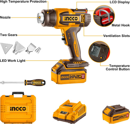 INGCO 20V Cordless Hot Air Gun Max 1022°F (550°C), 100/200 L/min, Adjustable Temperature with LCD Display, with 1Pcs 5.0Ah Battery and Charger HGLI20035
