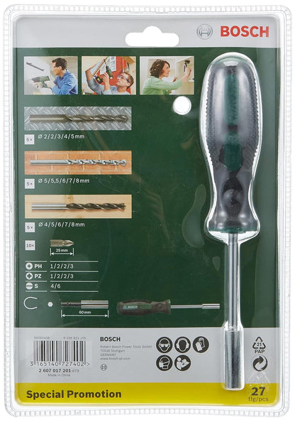 Bosch Drill Bits And Screwdriving Bits Set, 27 Piece, X-Line Green, With Masonry Bits, Metal Drill Bits, Wood Drill Bits, Screwdriver Bits And A Hand Screwdriver