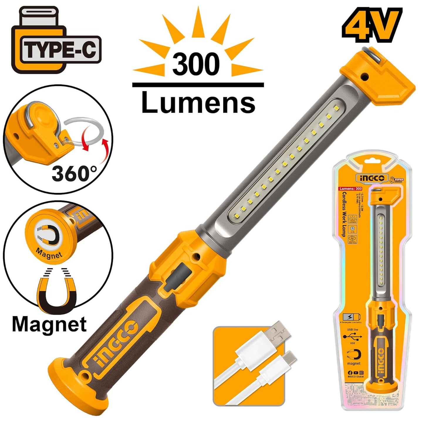INGCO Cordless 4 pcs combo kit With 2 pcs Cordless impact wrenches, With 2 pcs Cordless work lamps COSLI250782