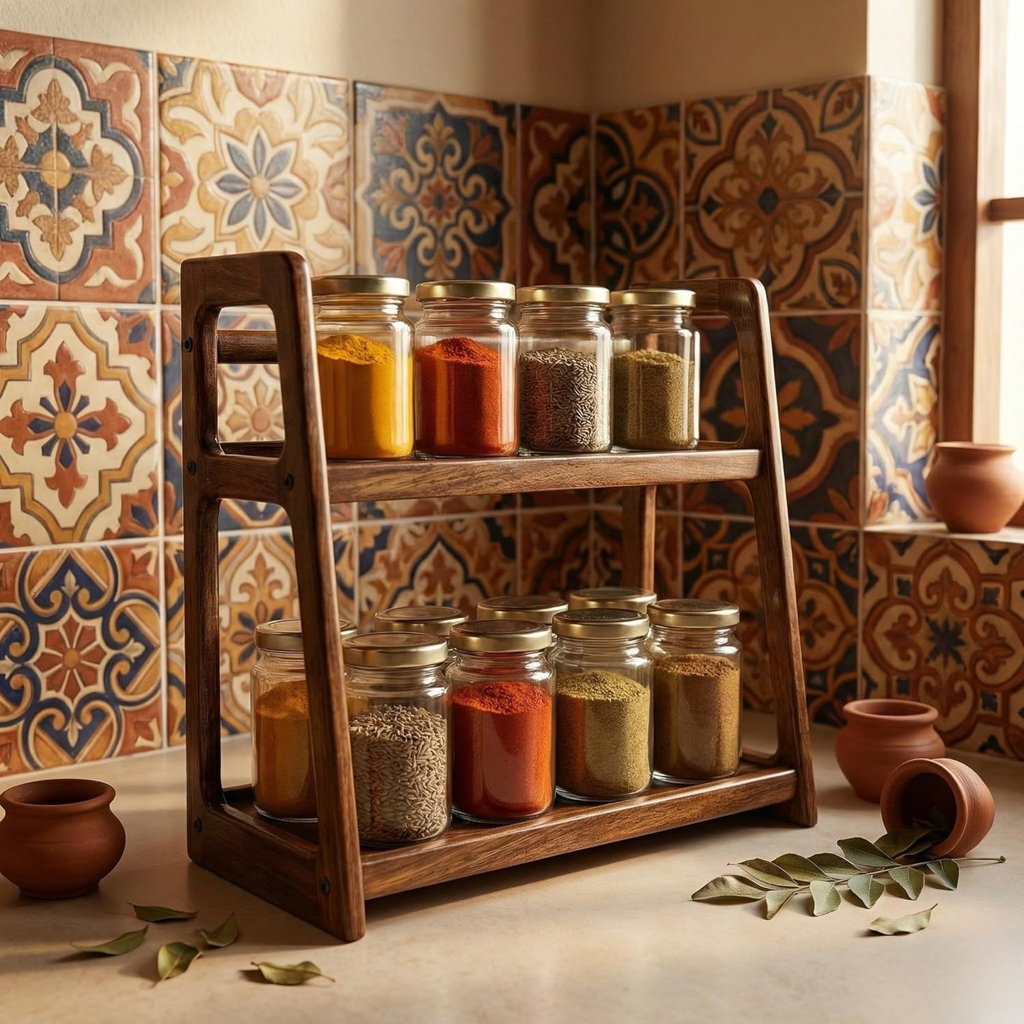 Udaipur Handicrafts Wood 2-Tier Kitchen Rack Organizer Shelf | Handcrafted Wooden Spice Rack Countertop Pantry Shelf Stand | Multipurpose Kitchen Counter Organizer (45x20x40 cm)
