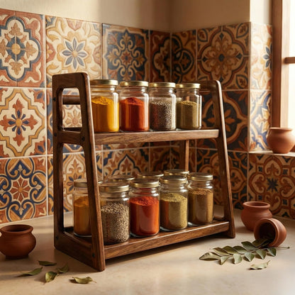 Udaipur Handicrafts Wood 2-Tier Kitchen Rack Organizer Shelf | Handcrafted Wooden Spice Rack Countertop Pantry Shelf Stand | Multipurpose Kitchen Counter Organizer (45x20x40 cm)