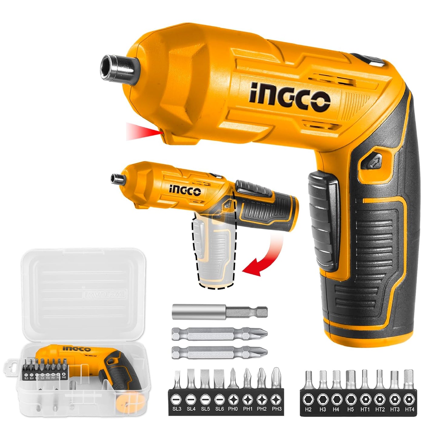 INGCO 4V Electric Cordless Screwdriver, Rechargeable Power Drill Driver Set, 4 N.m Max Torque, 240RPM, With Tool Box
