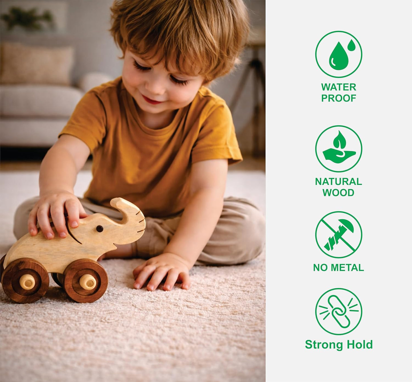 Udaipur HandiCrafts Wooden Elephant Pull-Along Toy for Toddlers (3–5 Years) | Natural Solid Wood | No Metal | Eco-Friendly & Plastic-Free | Smooth Rolling Wheels | Kids Room & Nursery Decor