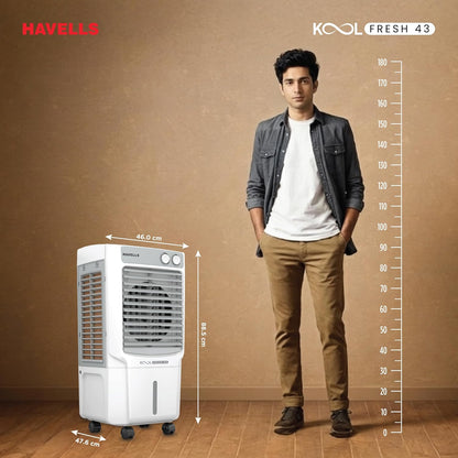 Havells KoolFresh 43 L Personal Air Cooler for Room|Powerful Air-Delivery|Dual Flow Technology|Fan & 3 Side Bacteria Shield Honeycomb Pads|Ice Chamber|Fully Collapsible Louvers|Front Wheel with Brakes
