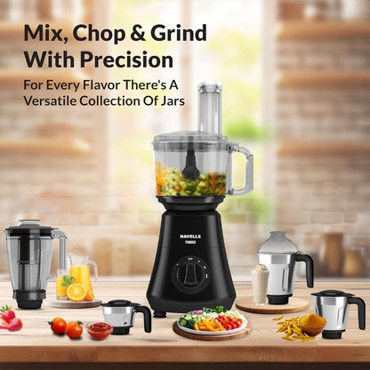 Havells Foodo 750 Watt Mixer Grinder with 5 Jars | Includes Food Processor Jar with Dual Pusher | 14-in-1 Functionality | Rust-Resistant 304 SS Blades | Storage Box | 5-Year Motor Warranty (Black)