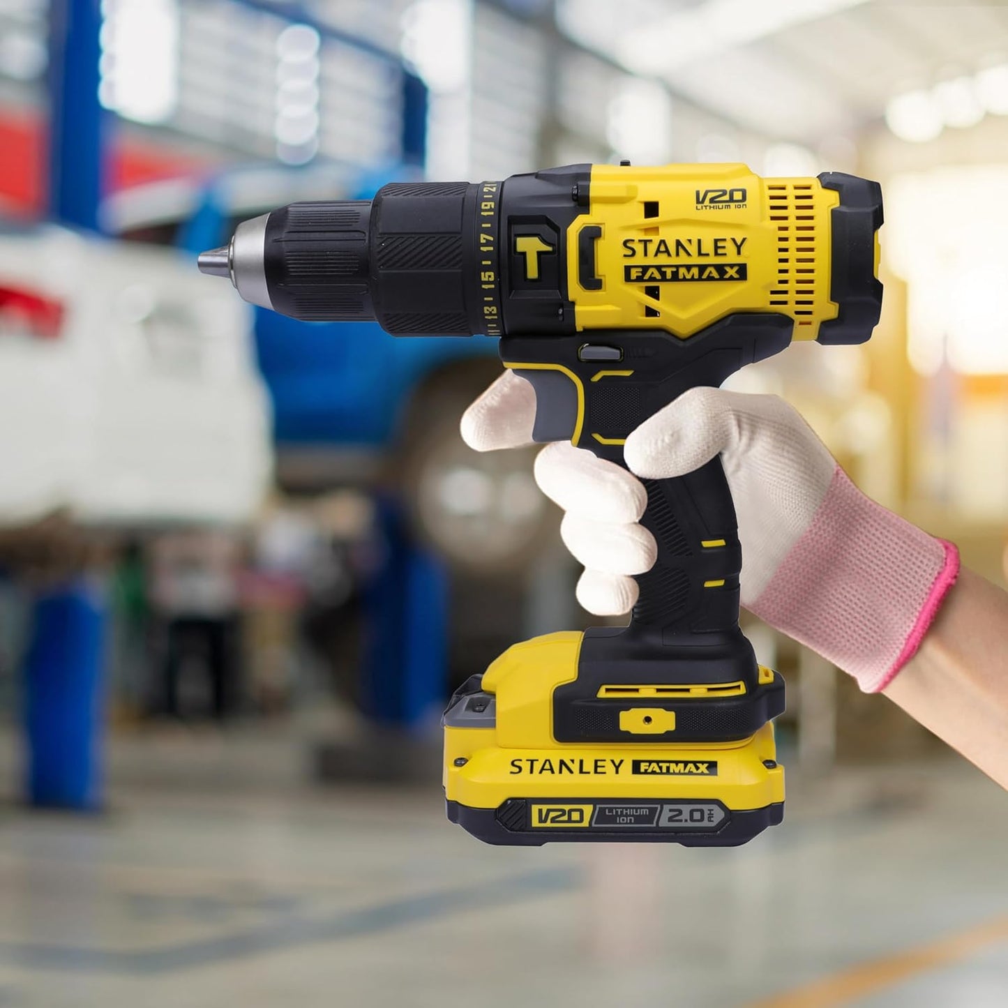 STANLEY FATMAX SCD711D2KA-B1 20V 2.0Ah 13mm Reversible Cordless Brushed Hammer Drill With 100pcs Accessories Kit 2x2.0Ah Li-ion Batteries 1pc Charger 2-Speed Gearbox, 2 Year Warranty, YELLOW & BLACK
