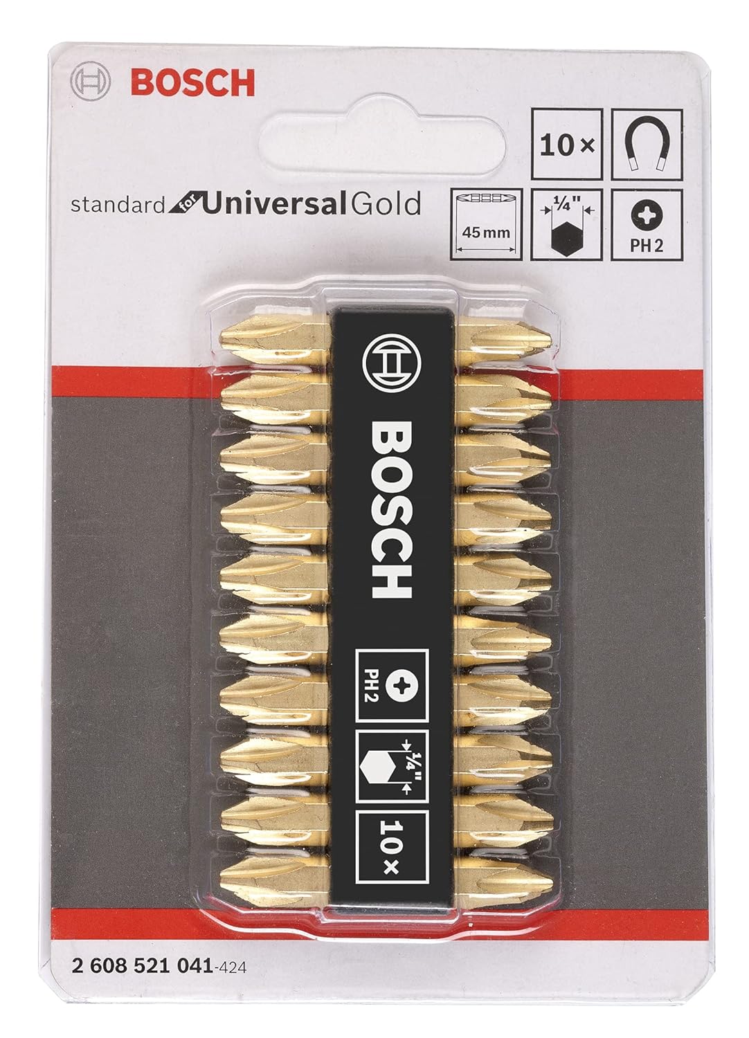 Bosch Professional Extra Hard, Double Ended Screwdriver Bits, Type Ph2-Ph2, Length 45mm, Gold, Pack Of 10