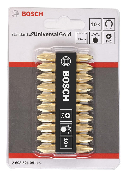 Bosch Professional Extra Hard, Double Ended Screwdriver Bits, Type Ph2-Ph2, Length 45mm, Gold, Pack Of 10