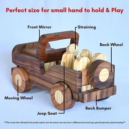 UdrCrafts® Handmade Wooden Open Gypsy Car Toy | Push Pull Toys Car for Kids | Natural Wood Non-Toxic, Showpiece for Living Room and Home Decore, 9 Months to 8 Years