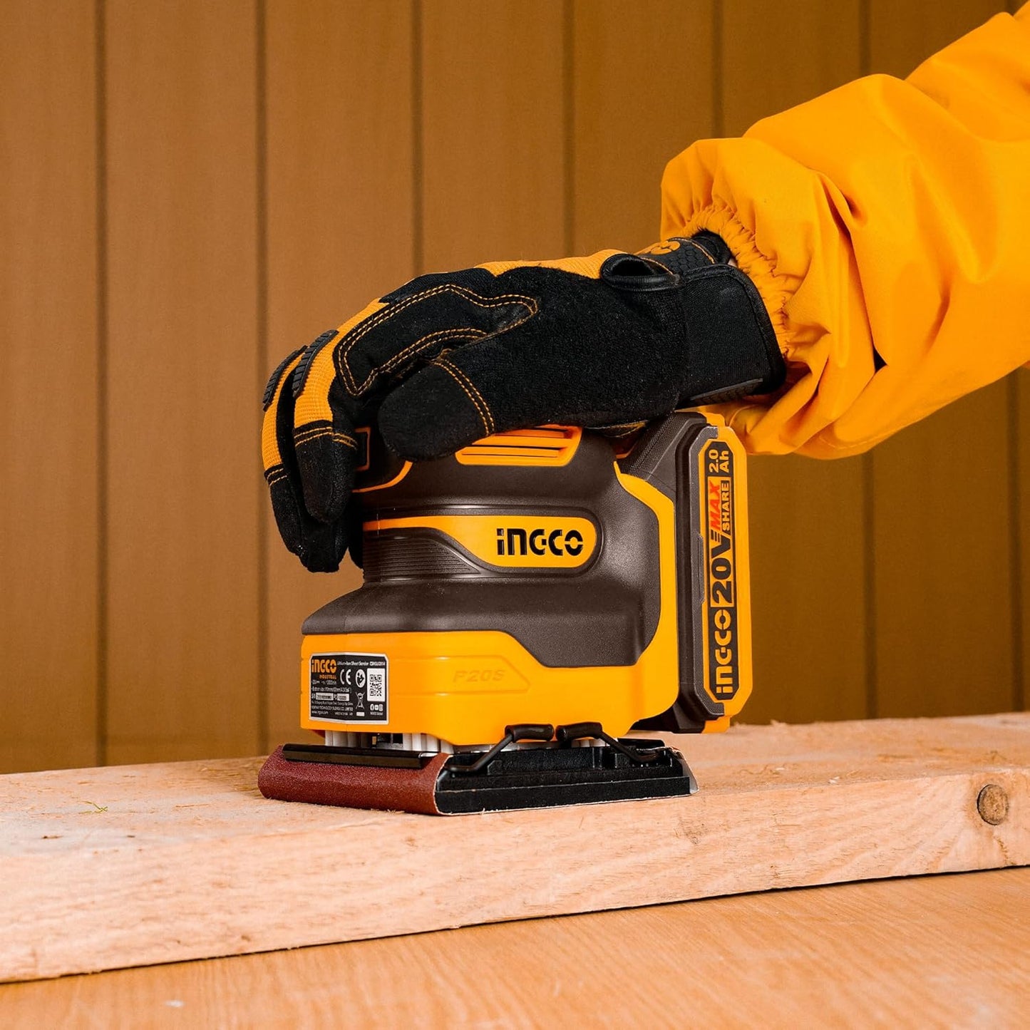INGCO 20V Cordless 1/4 Sheet Sander 12000RPM Electic Orbital Sander with 1Pcs 2.0Ah Battery and 1Pcs Charger CSHSLI20141
