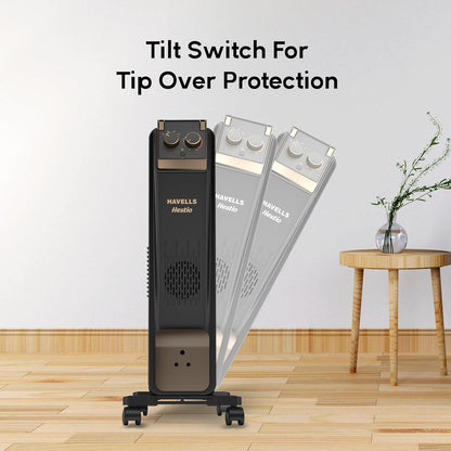 Havells 13 Fin Hestio Wave Fin OFR (Oil Filled Radiator)|Room Heater|2900 W|3 Heat Settings & PTC Fan Heater|Inclined Control Panel|Retractable Wheels| Comfortable Breathing|360° Heating (Black)