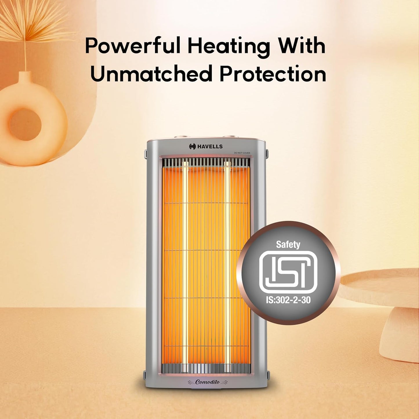 Havells Comodito 900 Watt Room Heater | Safety Grill, 120 Minute Sleep Timer Control knob | Rust Free Stainless Steal Reflector, Carbon Fiber Rods, Power Off & Heat Setting | (Pack of 1, Grey)