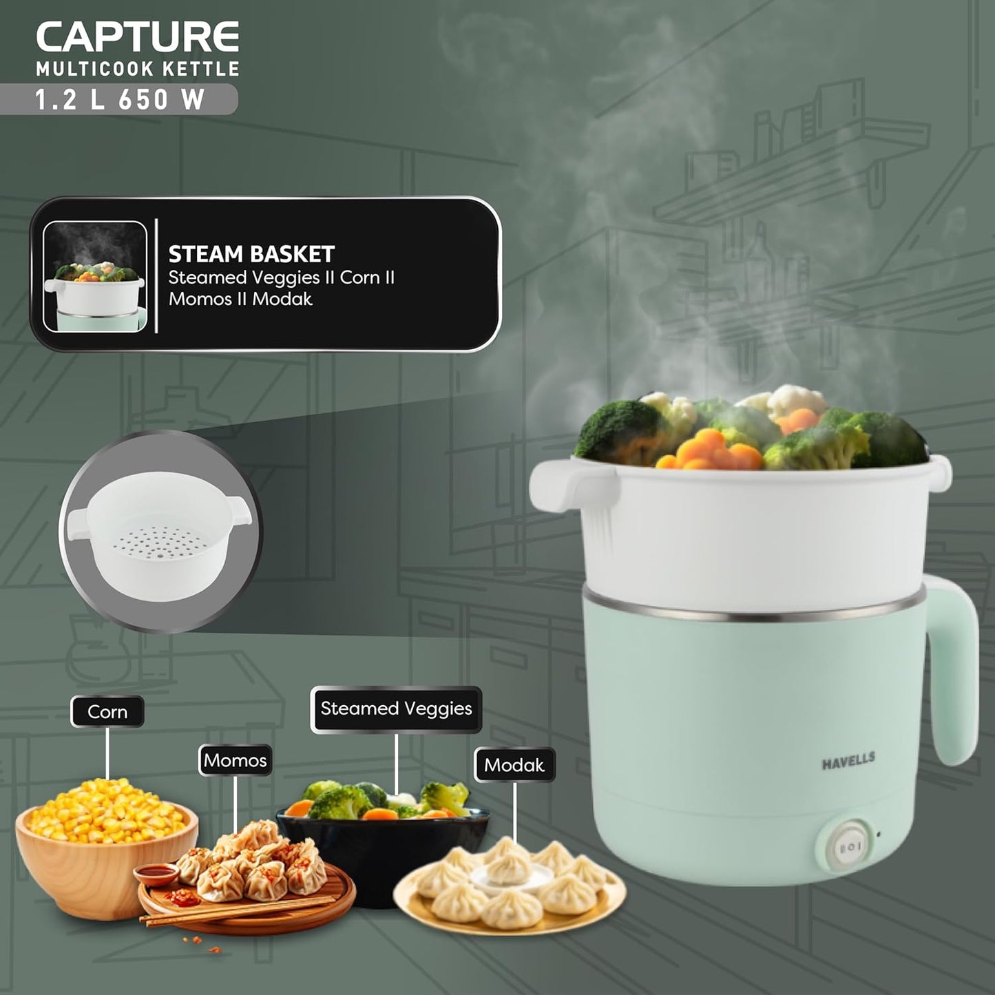 Havells Capture 1.2 L Multi-Cook Electric Kettle with Steamer | 650W |304 Stainless Steel Inner Body|Cooks Noodles, Rice, Milk | Cool-Touch Body | 2 Years Door Step Warranty by Havells (Green)