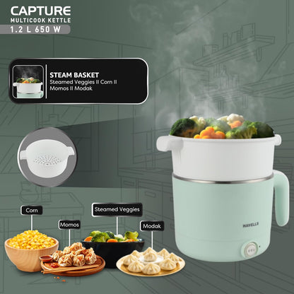 Havells Capture 1.2 L Multi-Cook Electric Kettle with Steamer | 650W |304 Stainless Steel Inner Body|Cooks Noodles, Rice, Milk | Cool-Touch Body | 2 Years Door Step Warranty by Havells (Green)