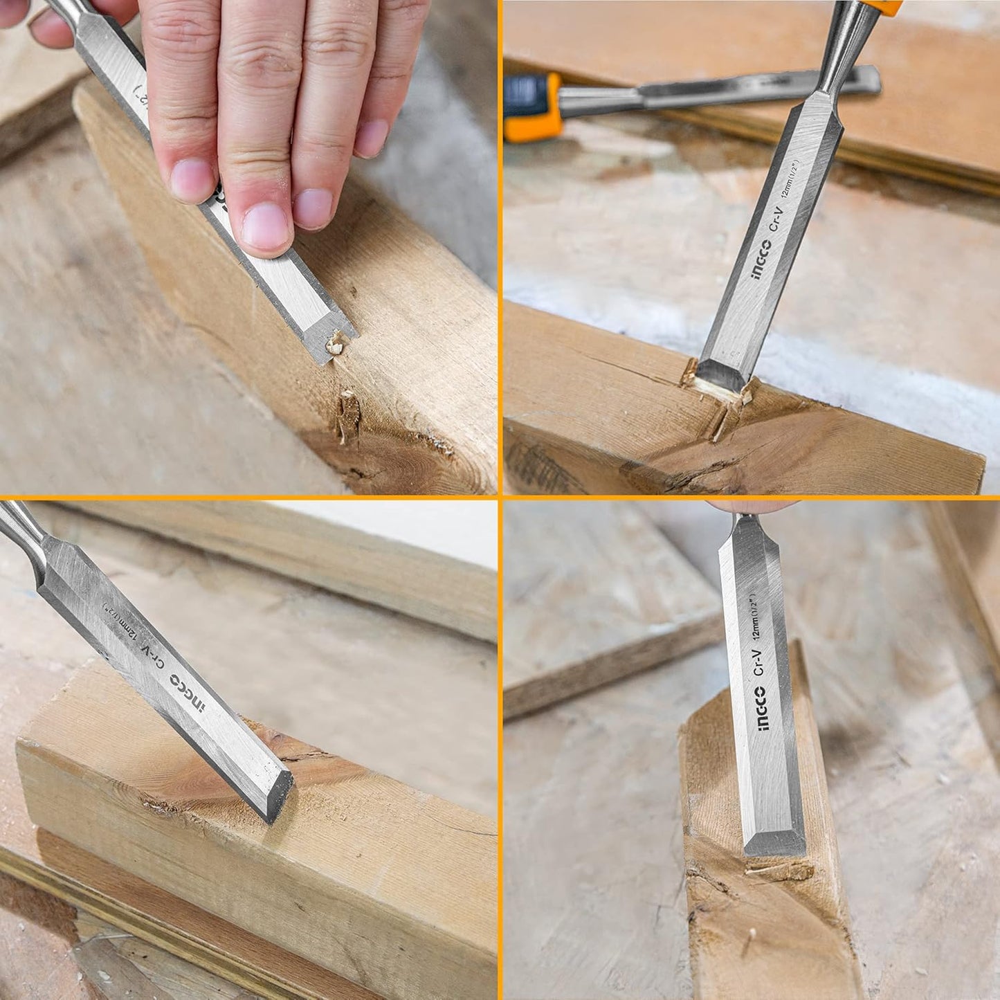 INGCO Wood Chisel, Cr-V | 120mm Width, 15°Bevel Edged, Bi-Material Soft and Shock-Absorbing Grip and Steel Striking Cap Wood Chisel with Hammer End for Woodworking, Carving